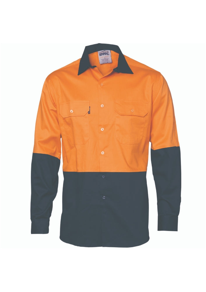 DNC Hi Vis 2 Tone Cotton Drill L S Shirt Workwear Warehouse